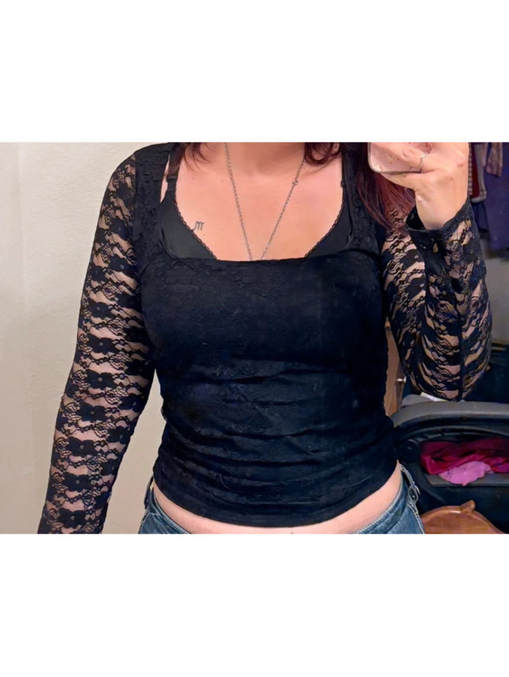 Black lace square neck line whimsy goth Gothic alternative long sleeve